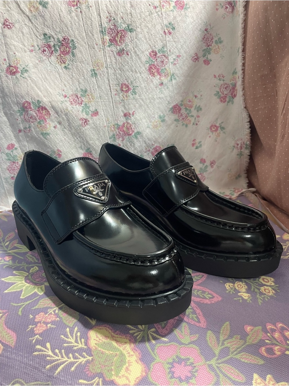 Good Prada Black Patent Leather Lug-Sole Loafers